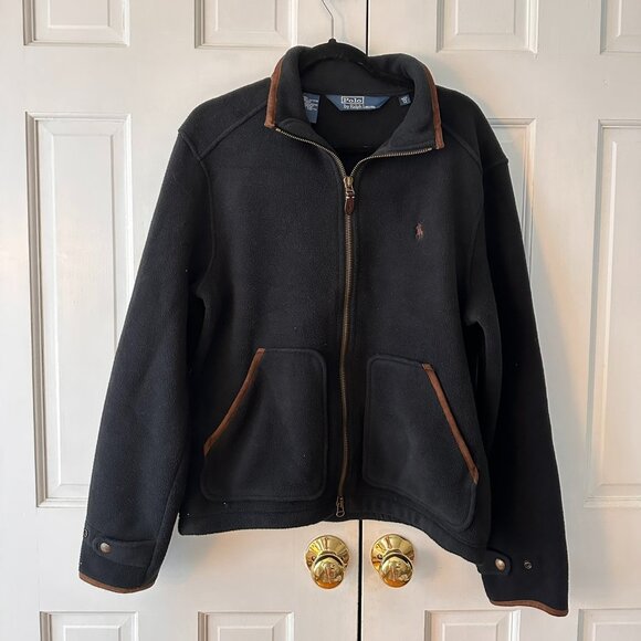 Polo Ralph Lauren Vintage Black Zip up Fleece with Brown Trim- Size Medium - Picture 1 of 4